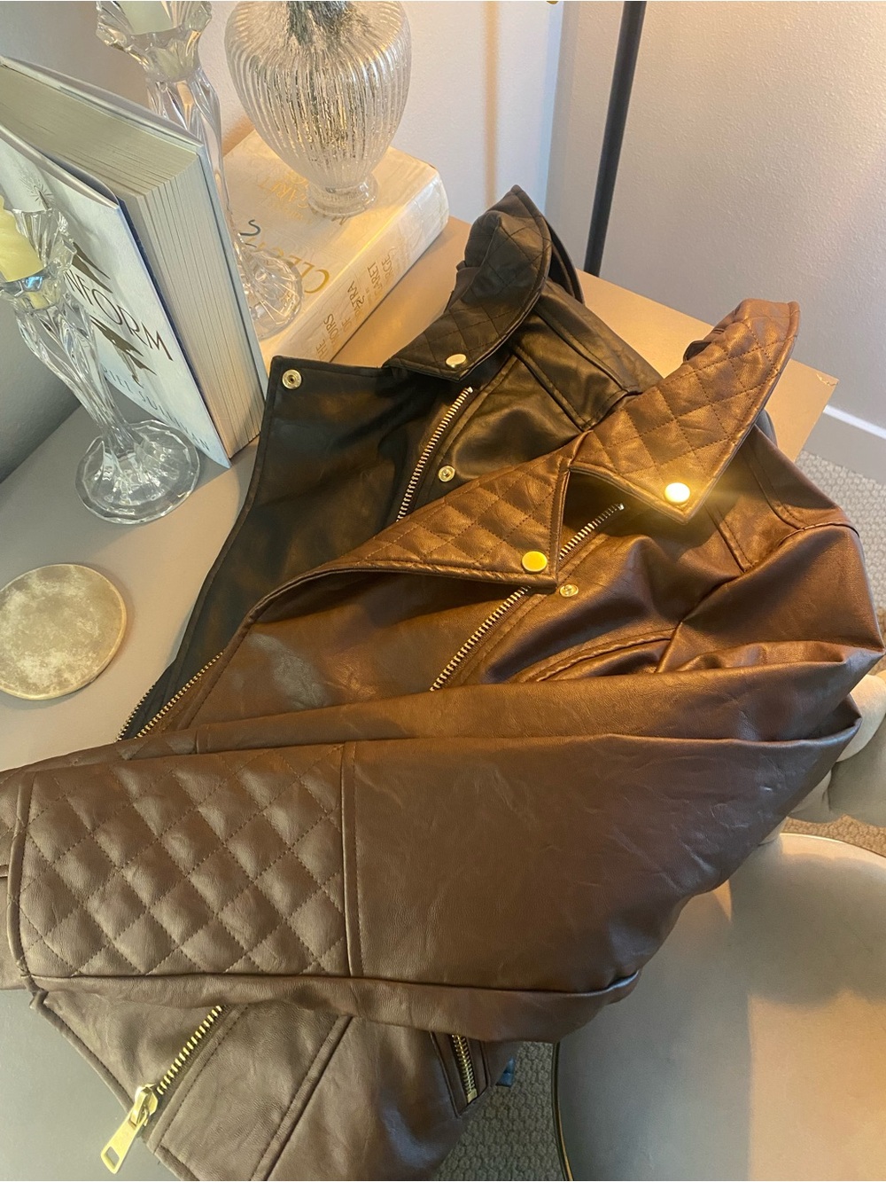 Quilted Black&Brown Faux Leather Jacket Set w/gold hardware/NWT